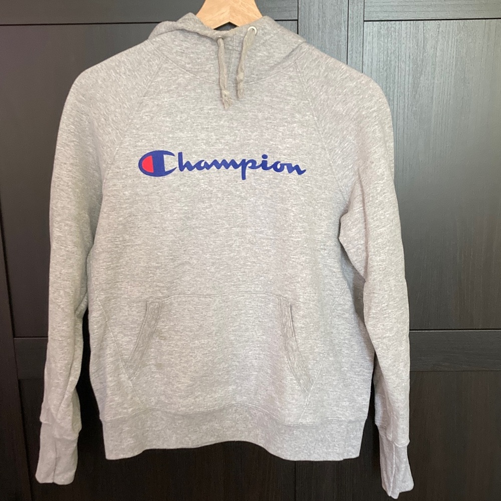 Champion Heather Gray Hoodie with Blue Logo